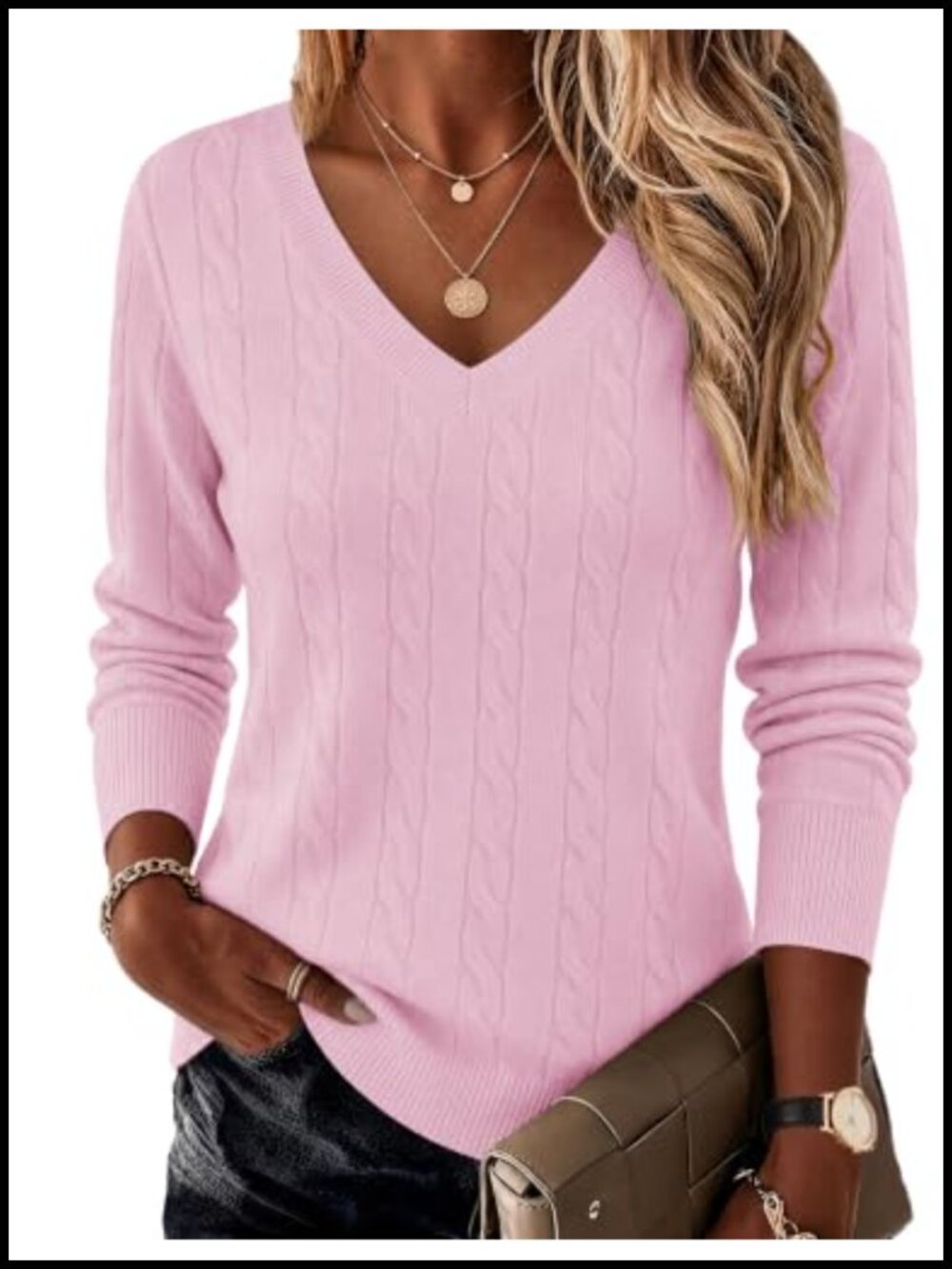 Womens Cable Knit V Neck Pullover Sweater Long Sleeve Viscose Blend